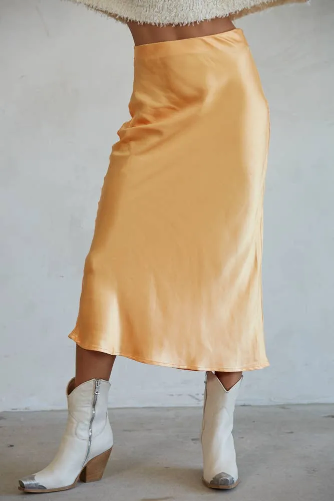 L5954 | Woven Satin Waist Elastic Band Midi Skirt