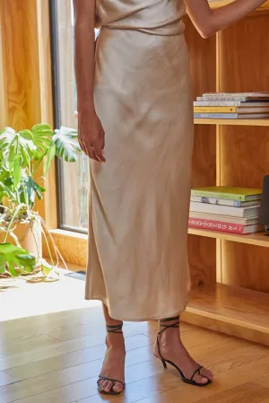 L5954 | Woven Satin Waist Elastic Band Midi Skirt
