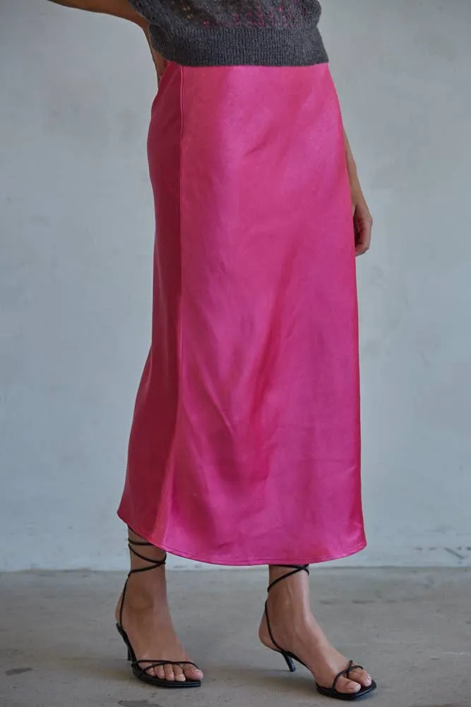 L5954 | Woven Satin Waist Elastic Band Midi Skirt
