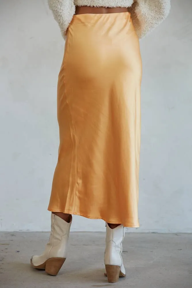 L5954 | Woven Satin Waist Elastic Band Midi Skirt