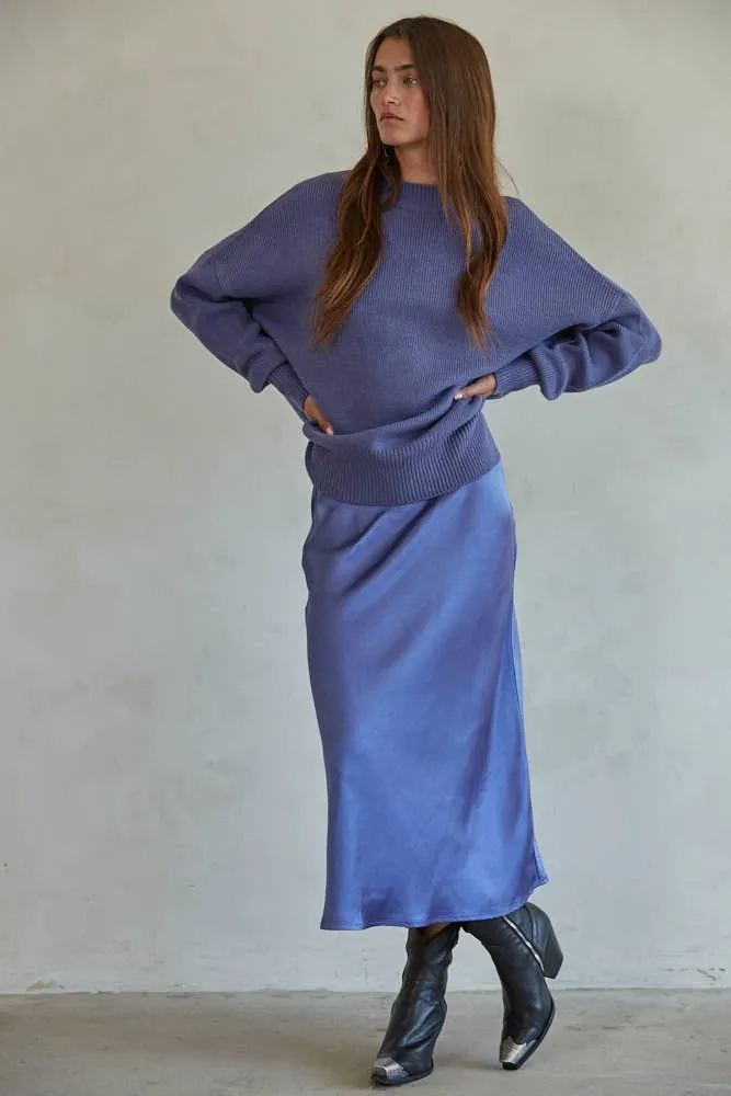 L5954 | Woven Satin Waist Elastic Band Midi Skirt