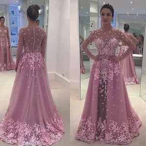 lace appliqué pink evening dress 2020 detachable skirt elegant long sleeve cheap evening gown