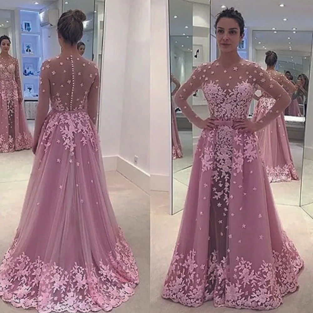 lace appliqué pink evening dress 2020 detachable skirt elegant long sleeve cheap evening gown