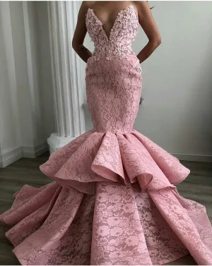 lace evening dresses long 2020 luxury mermaid pink elegant evening gown vestido de Longo