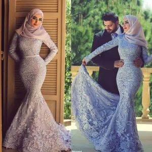lavender lace evening dresses long sleeve mermaid elegant appliqué modest arabic evening gown vestido longo 2020