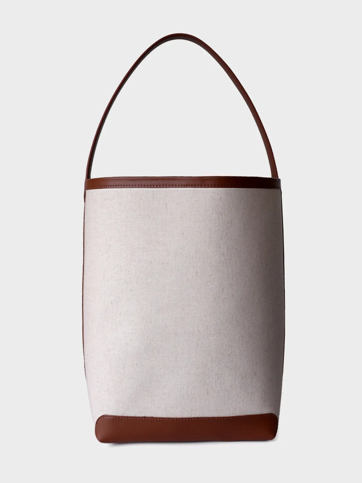 Leather Linen Open-top Bucket Bag Top Handle Tote Bag