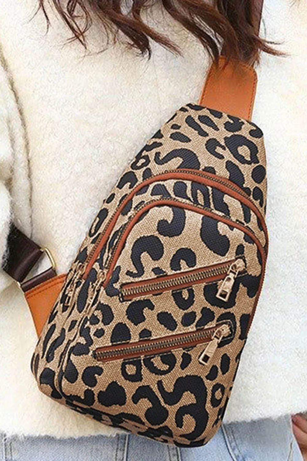 Leopard Print Multi-zip Inclined Shoulder Bag