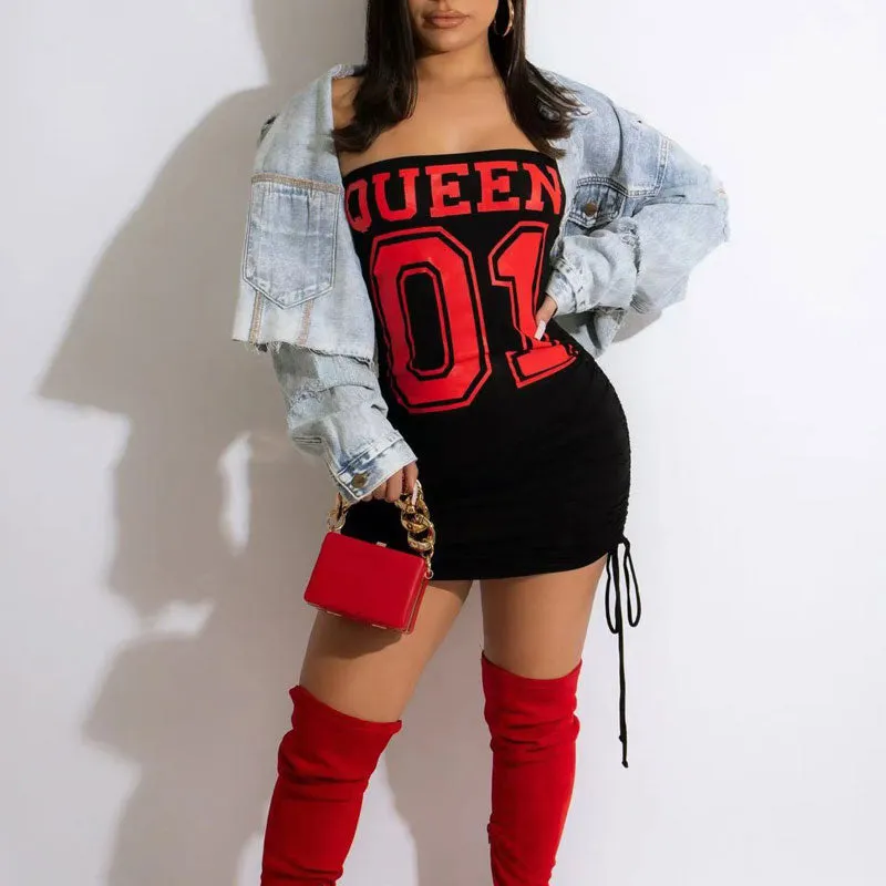 Letter Print Off Shoulder Drawstring Bodycon Dress