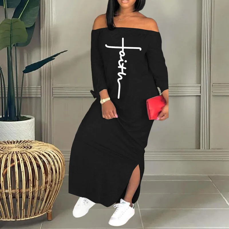 Letter Print Off Shoulder Long Sleeve Loose Dress