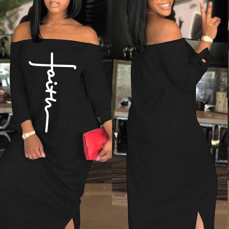 Letter Print Off Shoulder Long Sleeve Loose Dress