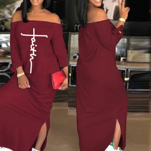 Letter Print Off Shoulder Long Sleeve Loose Dress