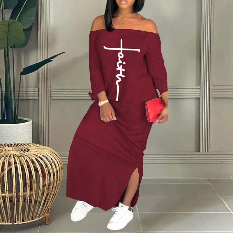 Letter Print Off Shoulder Long Sleeve Loose Dress