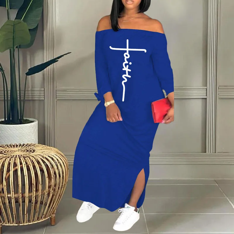 Letter Print Off Shoulder Long Sleeve Loose Dress