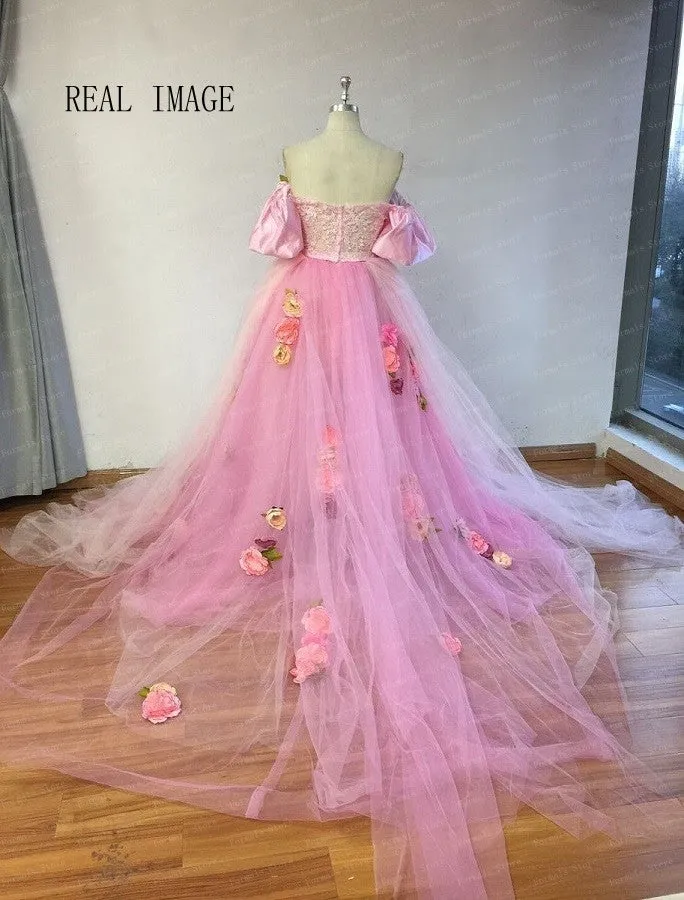 Light Pink Off Shoulder Photo Shoot Evening Dress 3D Flowers