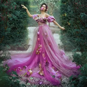Light Pink Off Shoulder Photo Shoot Evening Dress 3D Flowers