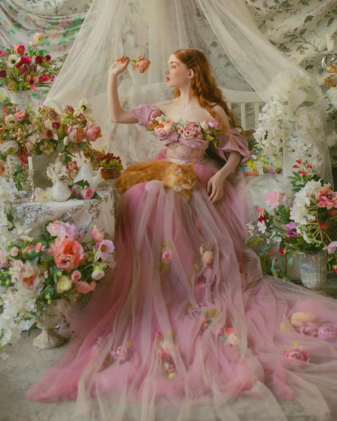 Light Pink Off Shoulder Photo Shoot Evening Dress 3D Flowers