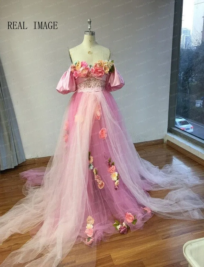 Light Pink Off Shoulder Photo Shoot Evening Dress 3D Flowers