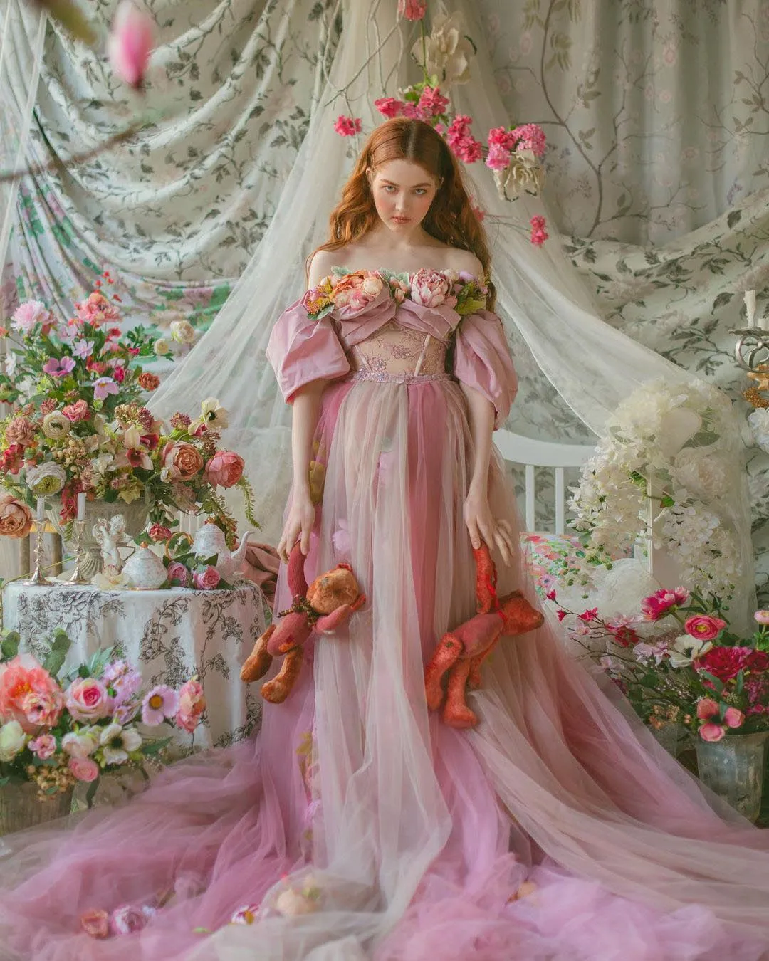Light Pink Off Shoulder Photo Shoot Evening Dress 3D Flowers