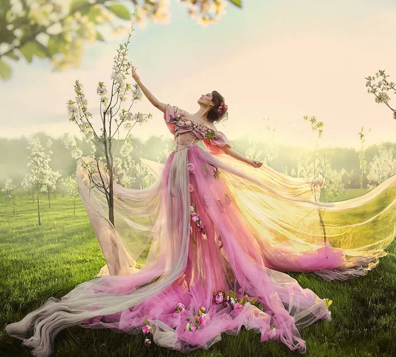 Light Pink Off Shoulder Photo Shoot Evening Dress 3D Flowers