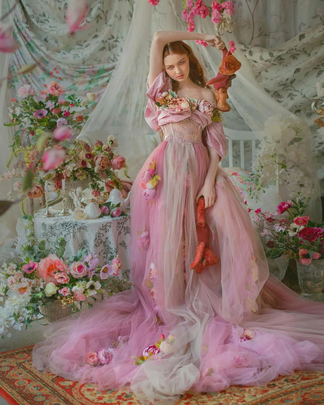 Light Pink Off Shoulder Photo Shoot Evening Dress 3D Flowers