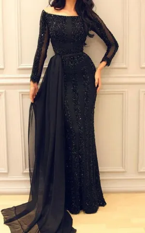 long sleeve black evening dresses 2020 boat neckline beaded elegant modest luxury evening gown with train