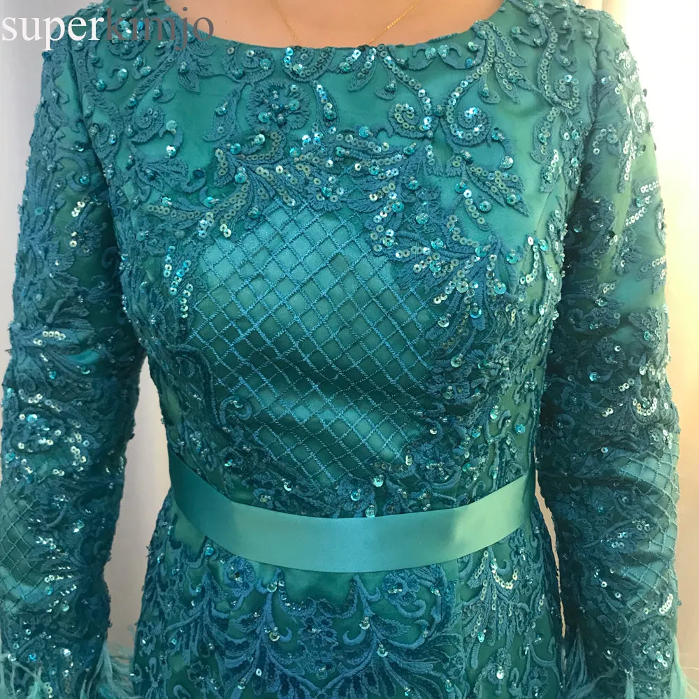long sleeve luxury evening dresses 2020 feather lace applique beaded elegant evening gown formal dresses