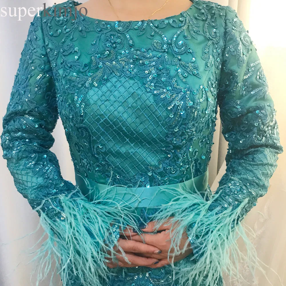 long sleeve luxury evening dresses 2020 feather lace applique beaded elegant evening gown formal dresses