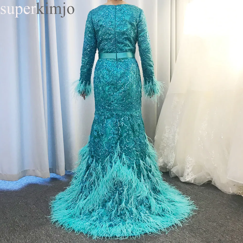 long sleeve luxury evening dresses 2020 feather lace applique beaded elegant evening gown formal dresses