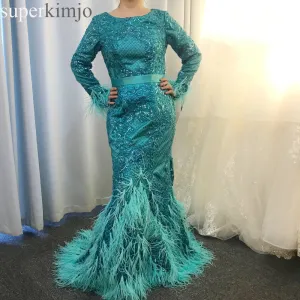 long sleeve luxury evening dresses 2020 feather lace applique beaded elegant evening gown formal dresses