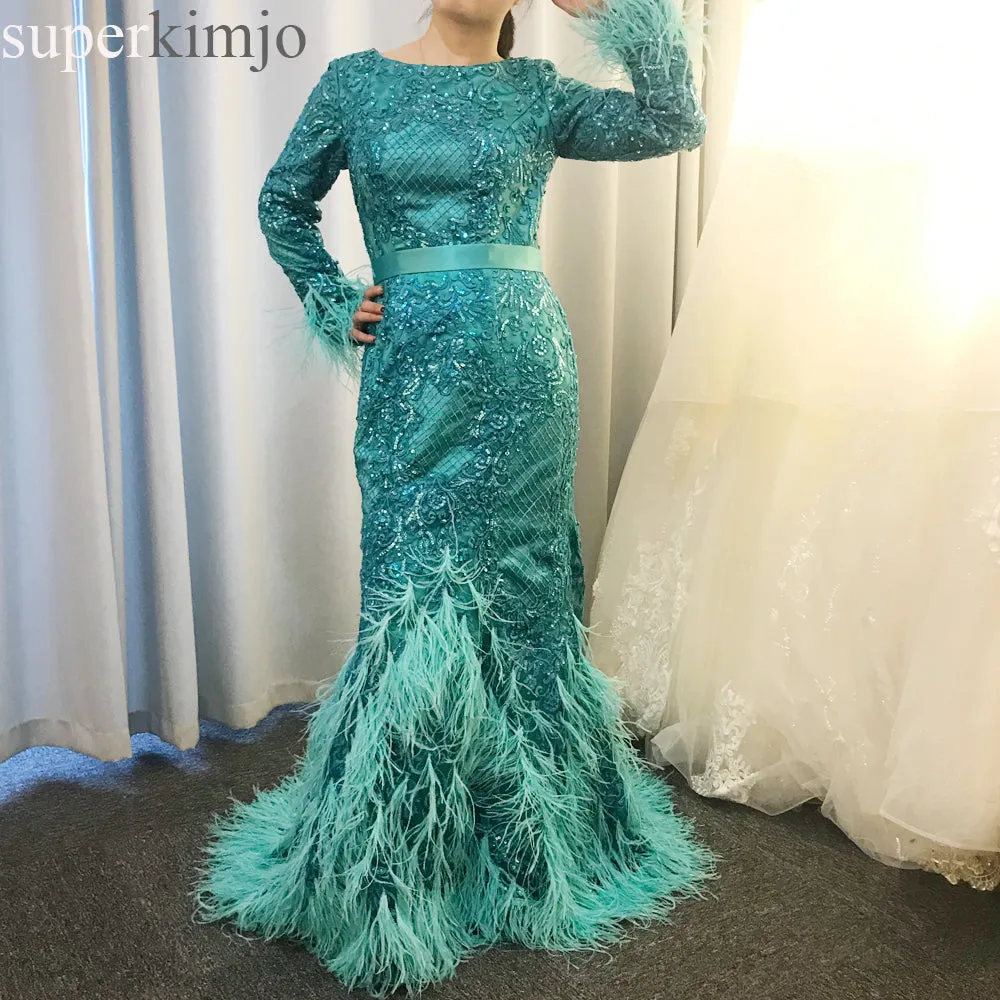 long sleeve luxury evening dresses 2020 feather lace applique beaded elegant evening gown formal dresses