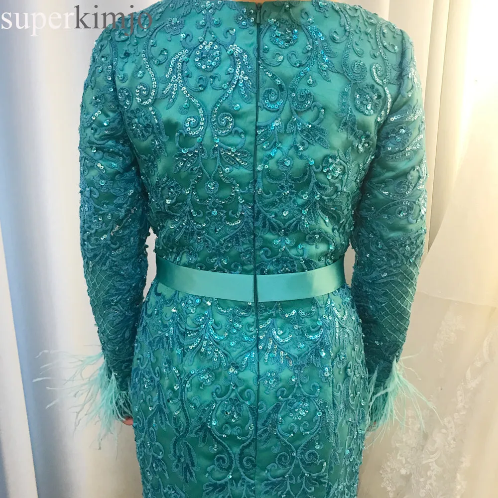 long sleeve luxury evening dresses 2020 feather lace applique beaded elegant evening gown formal dresses