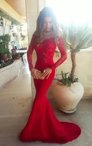 Long Sleeve Mermaid PromEvening Dress,V neck Evening Gowns,Formal Dance Party Dress,Long Sleeve Red Bridesmaid Dress,Lace Sleeve Bridesmaid Dress,