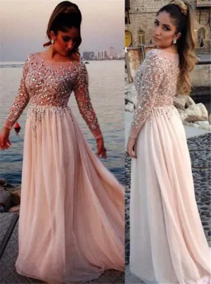 Long Sleeve Prom Evening Dress,Jeweled Prom Dress,Nude Prom Evening Dress,Wedding Party Dress,Long Sleeve Bridesmaid Dress