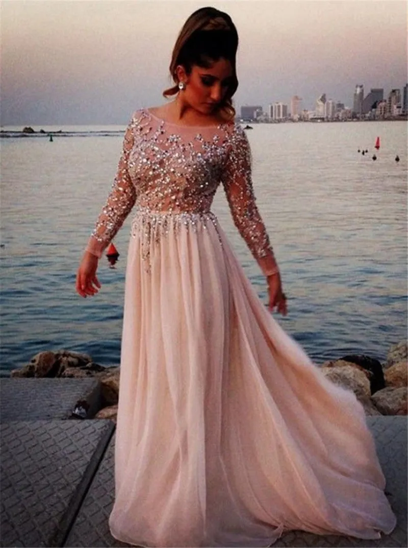 Long Sleeve Prom Evening Dress,Jeweled Prom Dress,Nude Prom Evening Dress,Wedding Party Dress,Long Sleeve Bridesmaid Dress