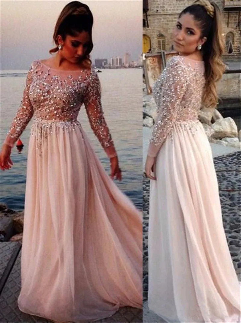 Long Sleeve Prom Evening Dress,Jeweled Prom Dress,Nude Prom Evening Dress,Wedding Party Dress,Long Sleeve Bridesmaid Dress