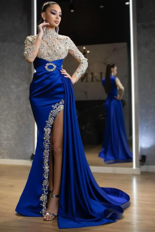 Long sleeves Royal blue High split Sparkle beaded Prom Dresses