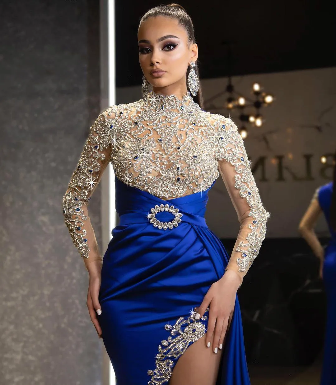 Long sleeves Royal blue High split Sparkle beaded Prom Dresses