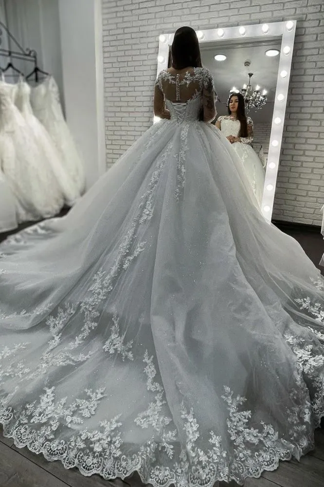 Long Sleevess Lace Appliques Tulle Wedding Gown White Garden Aline Spring Bridal Gown