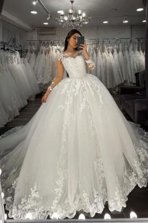 Long Sleevess Lace Appliques Tulle Wedding Gown White Garden Aline Spring Bridal Gown