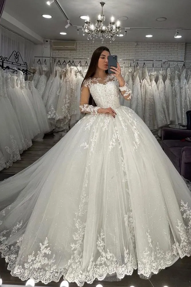 Long Sleevess Lace Appliques Tulle Wedding Gown White Garden Aline Spring Bridal Gown