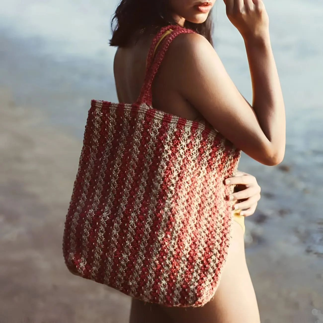 Louisa Jute Handbag-Striped-Natural/Red
