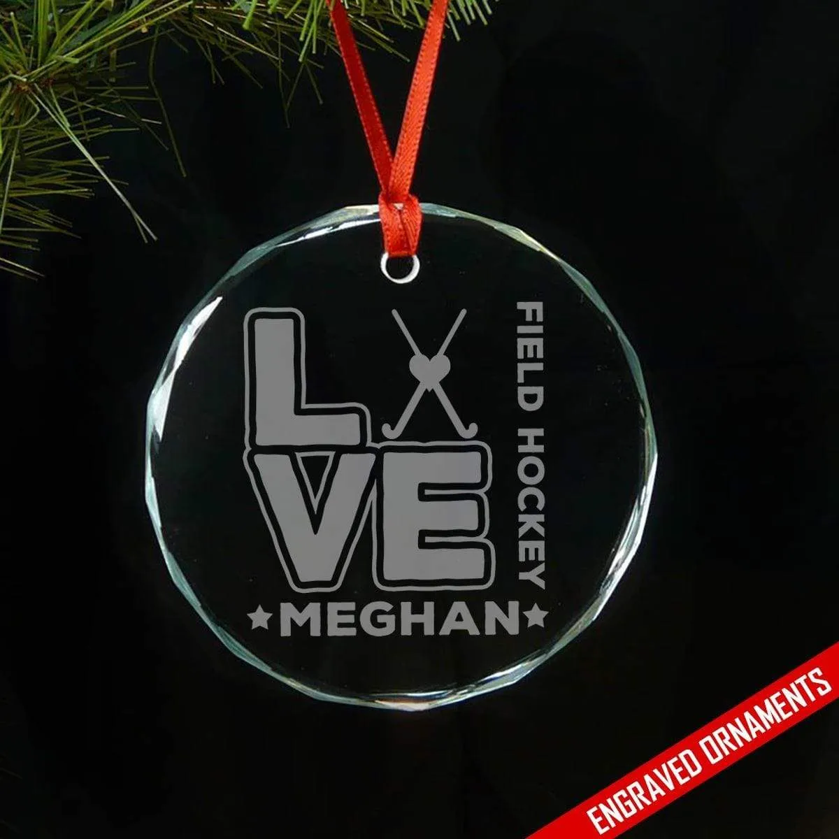 Love Hockey CUSTOM Engraved Glass Ornament
