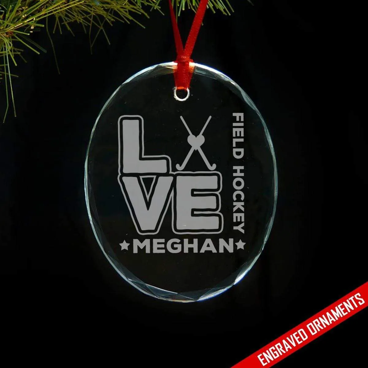 Love Hockey CUSTOM Engraved Glass Ornament