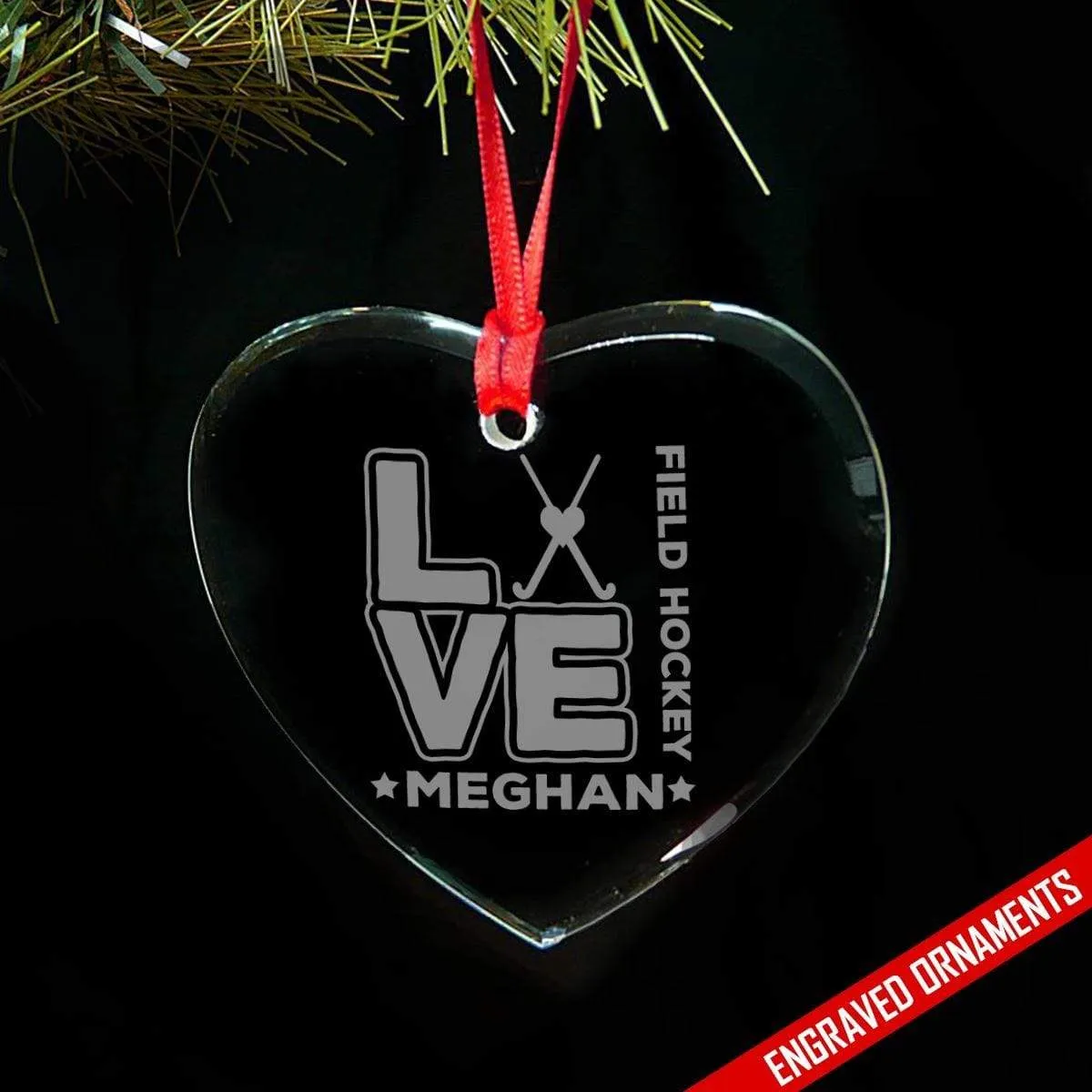Love Hockey CUSTOM Engraved Glass Ornament