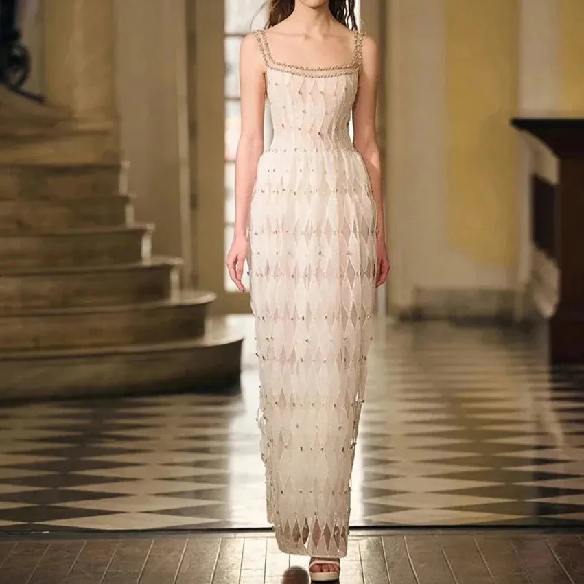 Luxury Crystal White Evening Dress Square Neckline Gown