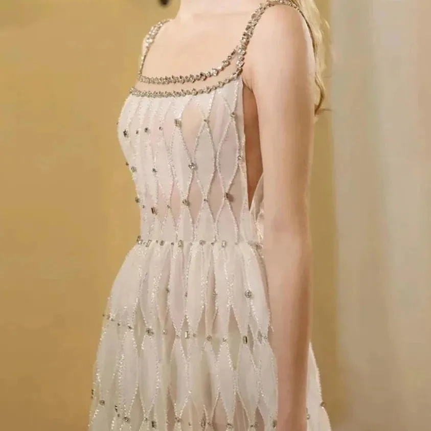 Luxury Crystal White Evening Dress Square Neckline Gown
