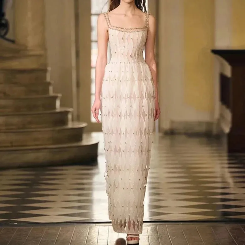 Luxury Crystal White Evening Dress Square Neckline Gown