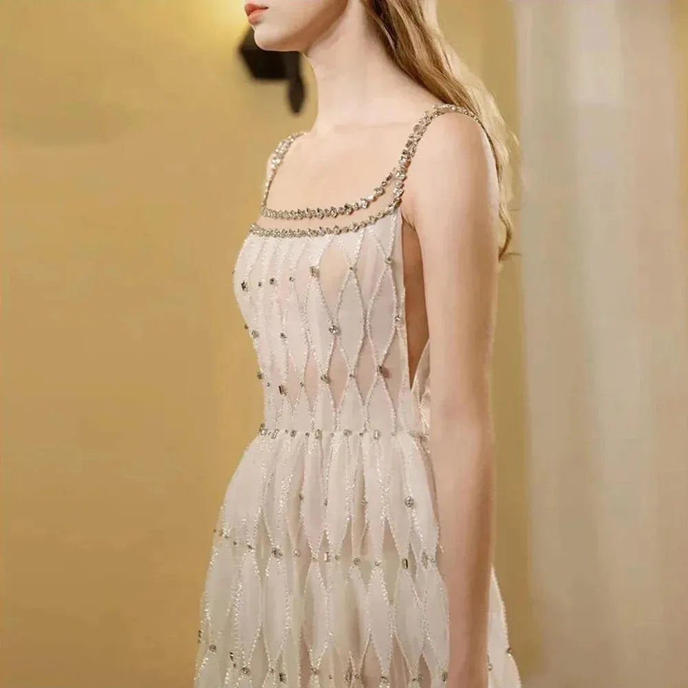 Luxury Crystal White Evening Dress Square Neckline Gown