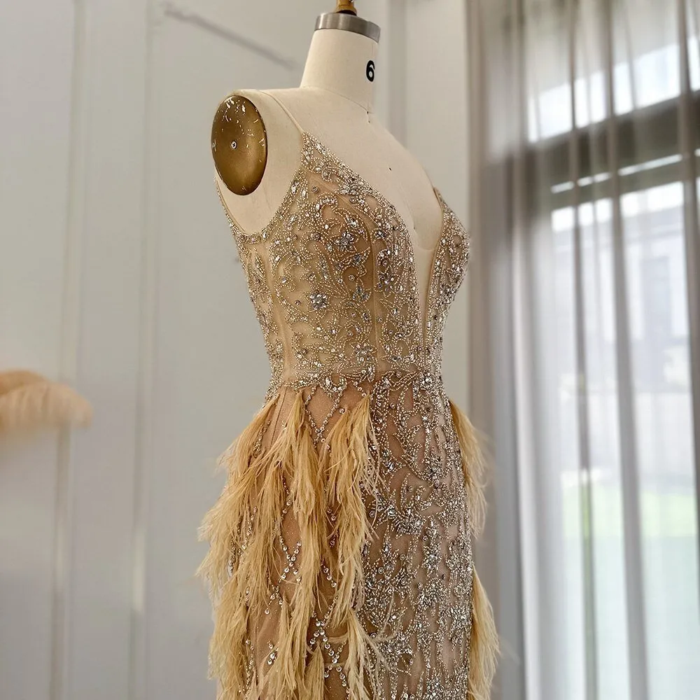 Luxury Feathers Mermaid Champagne Evening Dresses