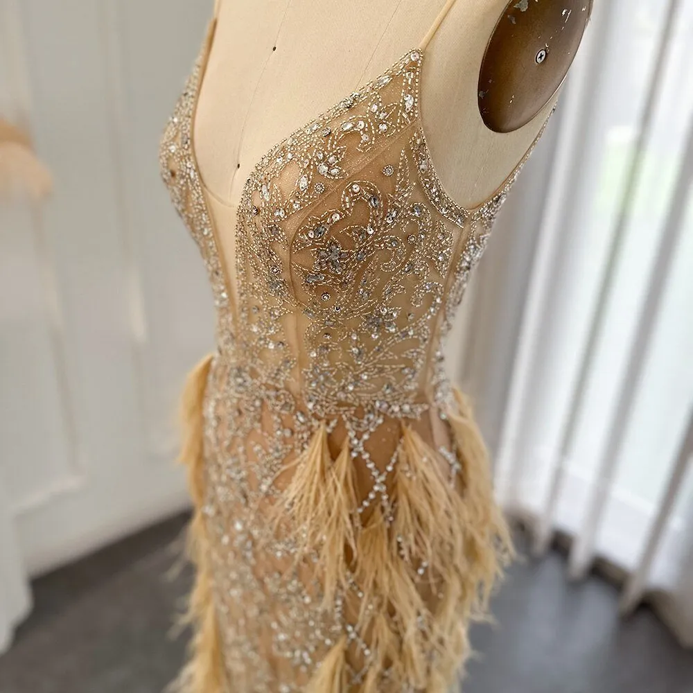 Luxury Feathers Mermaid Champagne Evening Dresses